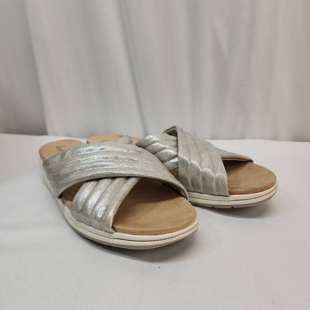 Life Stirde Size 10 Panama Metalic Silver Cross Strap Slide Comfy Sandals